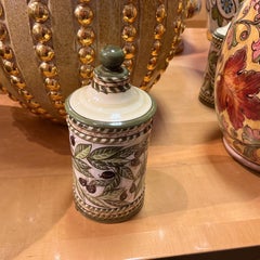 Italian Hand-Painted Ceramic Canister with Lid in Ivory and Olive Green, Decorat