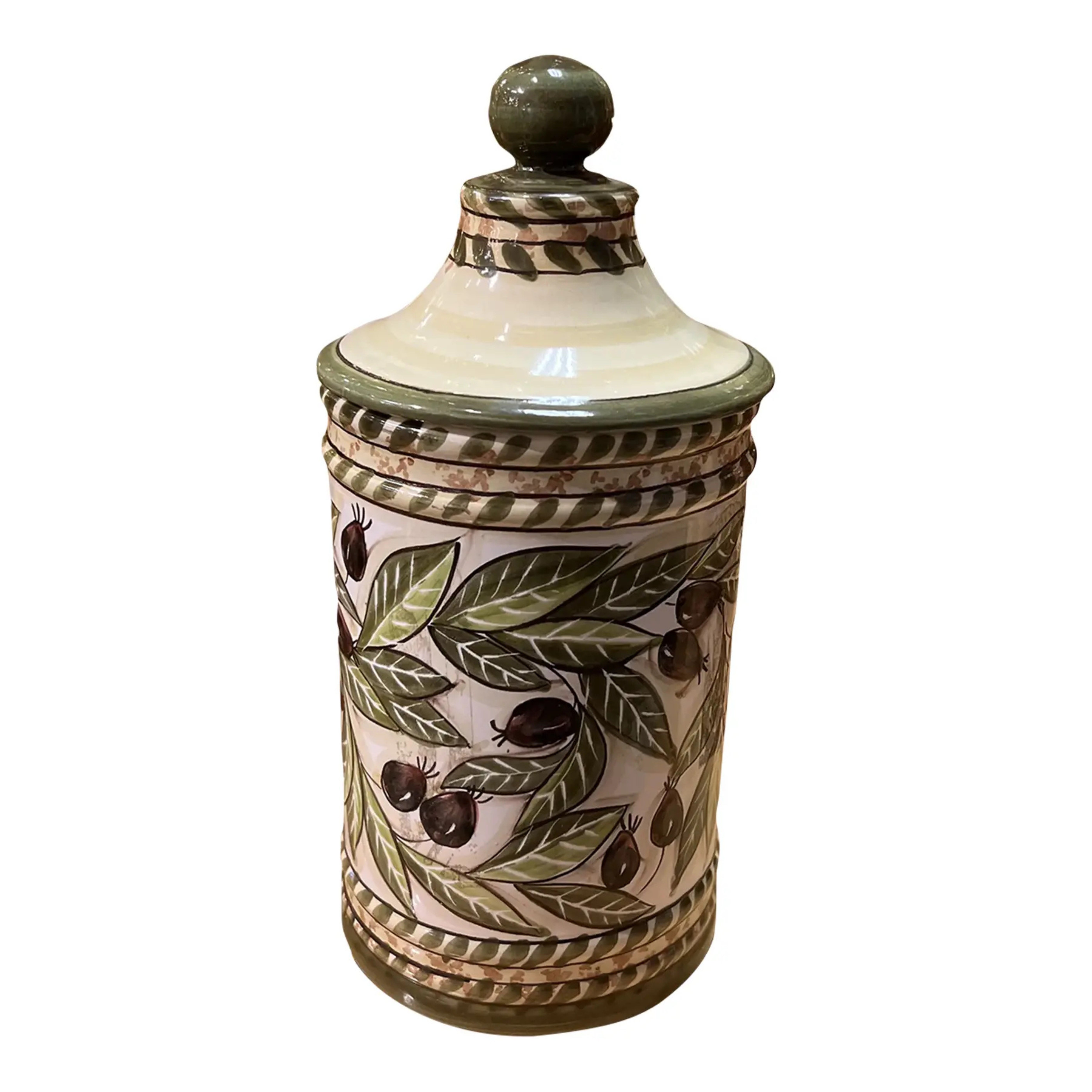 Italian Hand-Painted Ceramic Canister with Lid, Ivory & Olive Green For Sale