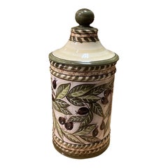 Italian Hand-Painted Ceramic Canister with Lid in Ivory and Olive Green, Decorat