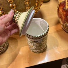 Italian Hand-Painted Ceramic Canister with Lid in Ivory, Green, Yellow, Decor