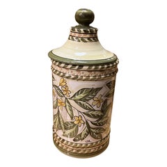 Italian Hand-Painted Ceramic Canister with Lid in Ivory, Green, Yellow, Decor
