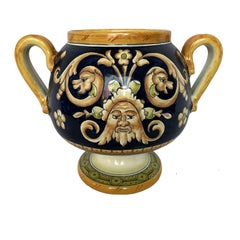 Italian Hand-Painted Ceramic Centerpiece Vase with Two Handles, Decorative Art