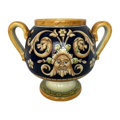 Italian Hand-Painted Ceramic Centerpiece Vase with Two Handles, Decorative Art