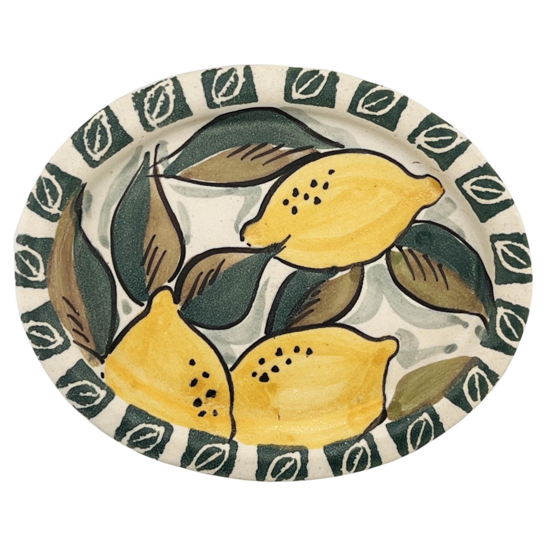 Italian Hand-Painted Ceramic Lemon Majolica Plate Signed, Mid-Century For Sale
