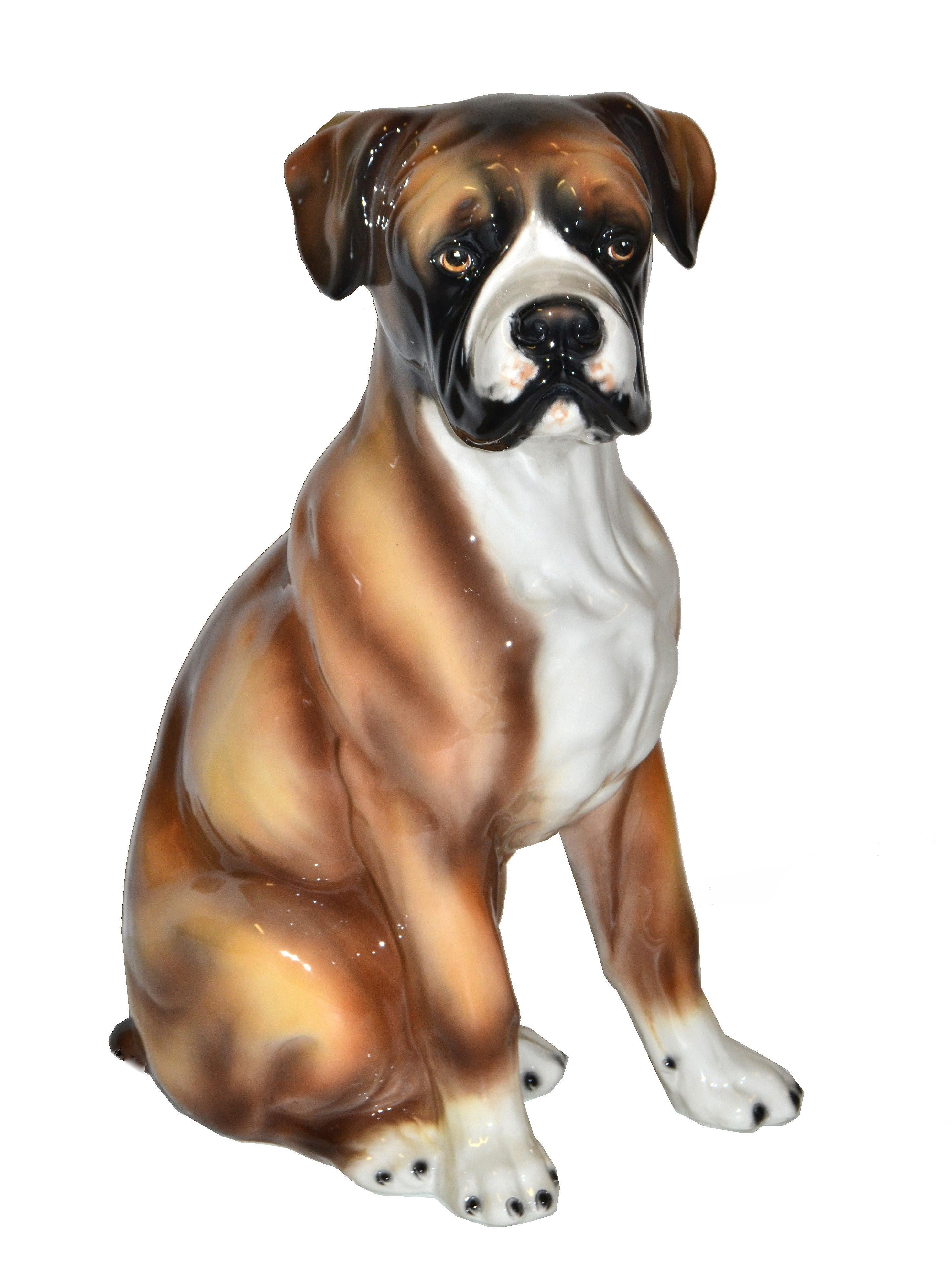 Stunning Carraro Collection glazed Italian ceramic life-size hand-painted dog statue, animal sculpture.
Signed underneath hand-painted and made in Italy.
 