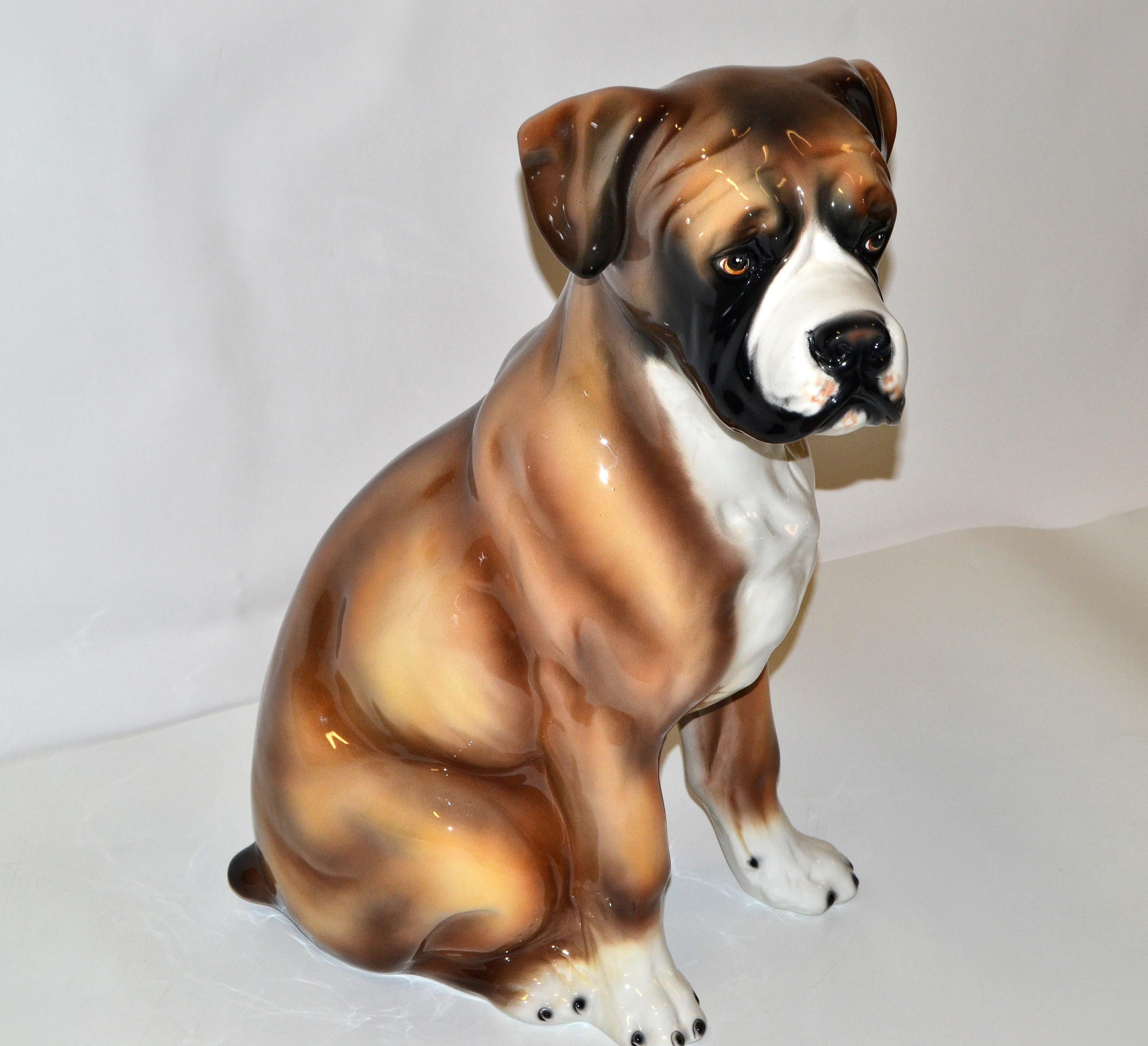 Hollywood Regency Italian Hand Painted & Ceramic Life-sized Boxer Dog Statue, Animal Sculpture