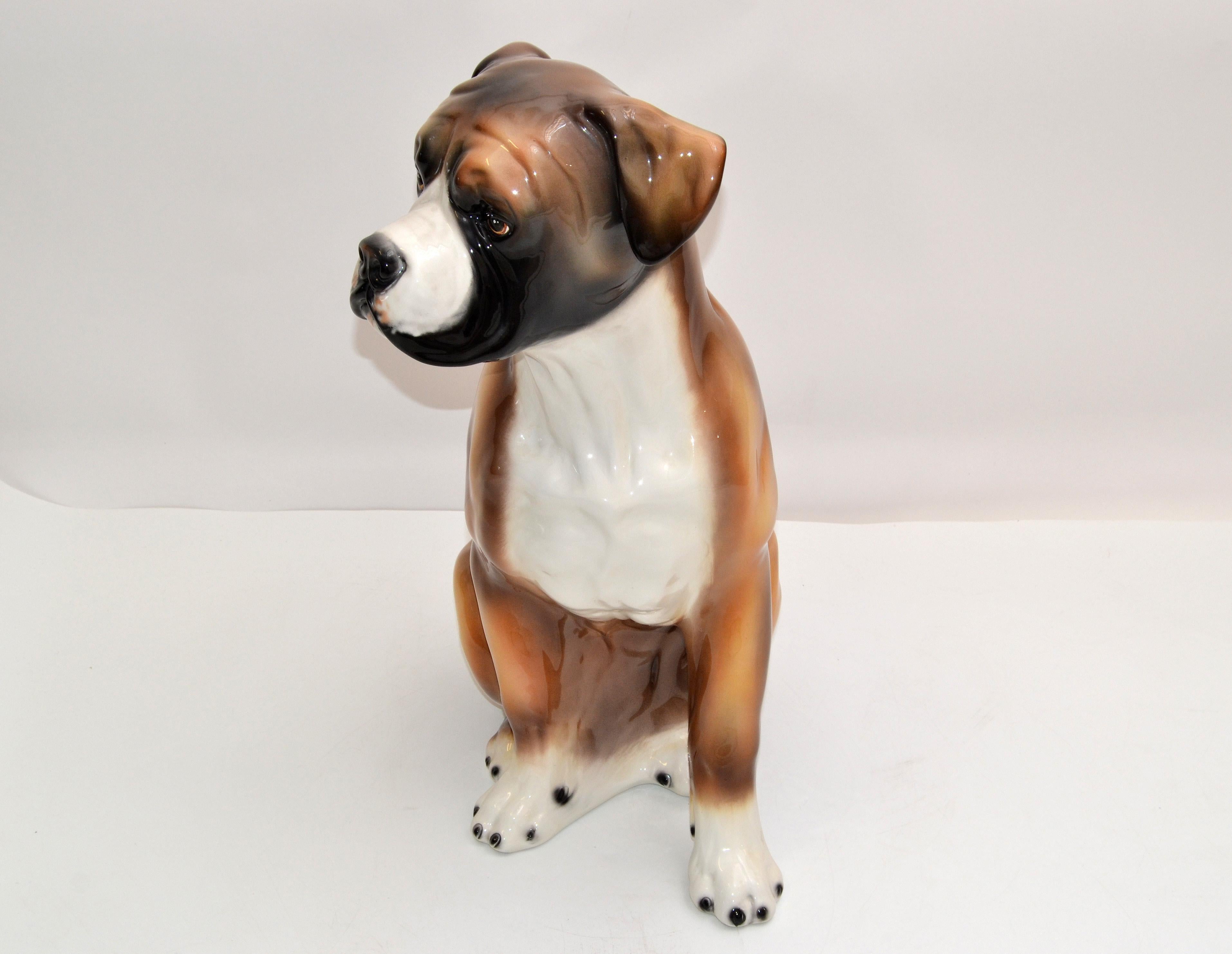 Glazed Italian Hand Painted & Ceramic Life-sized Boxer Dog Statue, Animal Sculpture