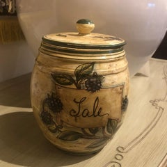 Italian Hand-Painted Ceramic Sale Canister with Blueberry Motif in Light Yellow