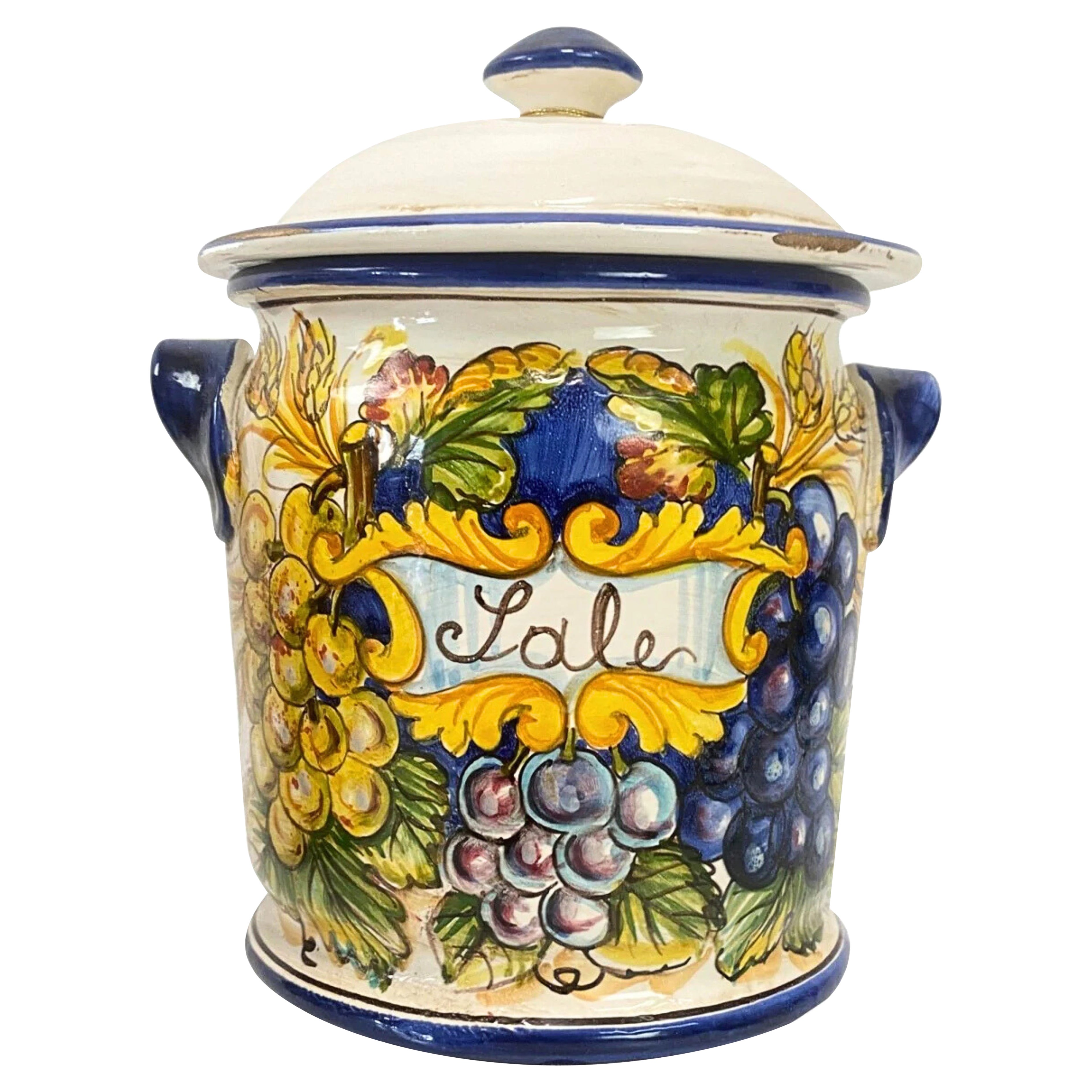 Italian Hand-Painted Ceramic Sale Canister with Grapes, Kitchen Decor