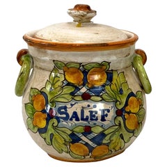 Italian Hand-Painted Ceramic Salvia Canister  Vintage Apothecary Storage Jar