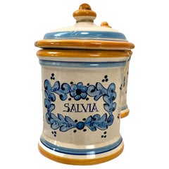 Italian Hand-Painted Ceramic Salvia (Sage) Canister Apothecary Storage Jar Decor