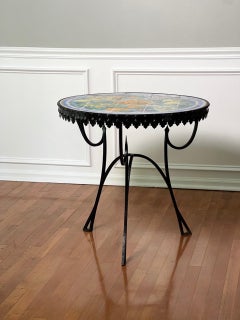 Italian Hand-Painted Ceramic Tile Top Bistro, Side Table with Wrought Iron Base