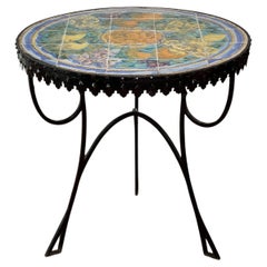 Italian Hand-Painted Ceramic Tile Top Bistro, Side Table with Wrought Iron Base