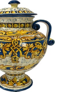 Italian Hand-Painted Ceramic Urn with Handles, Classical Decorative Vase