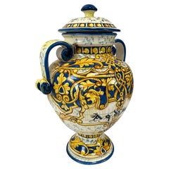 Italian Hand-Painted Ceramic Urn with Handles, Classical Decorative Vase