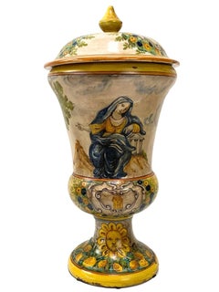 Italian Hand-Painted Ceramic Urn with Lid, Seated Figure Decorative Art Piece