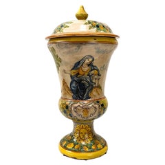 Italian Hand-Painted Ceramic Urn with Lid, Seated Figure Decorative Art Piece