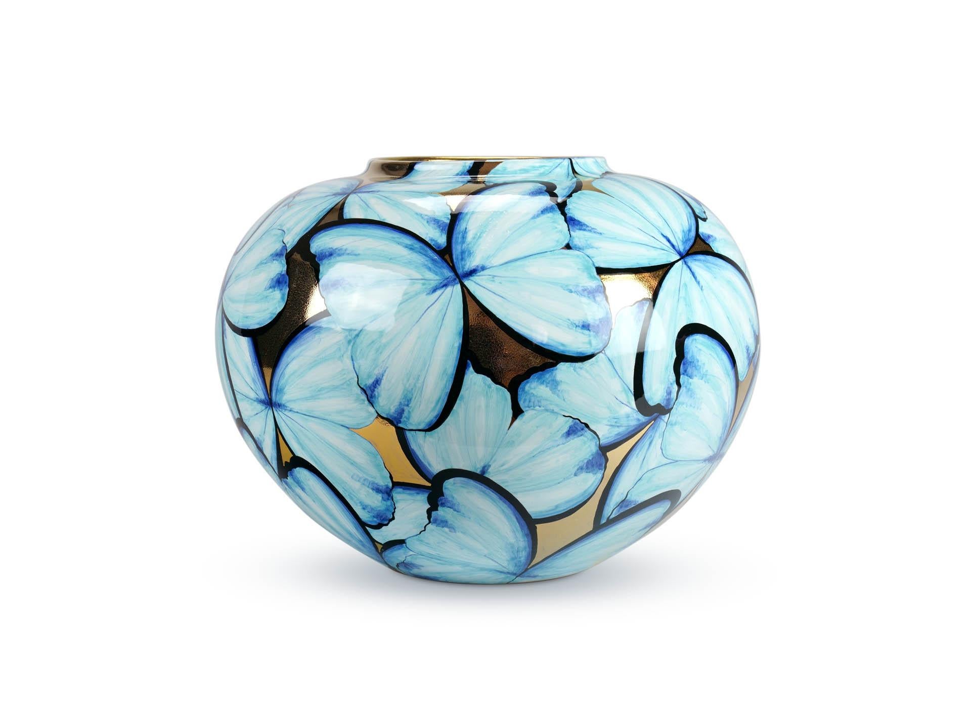 Italian Hand-Painted Ceramic Vase Blue Butterflies on 24kt Gold Accented Surface For Sale 7