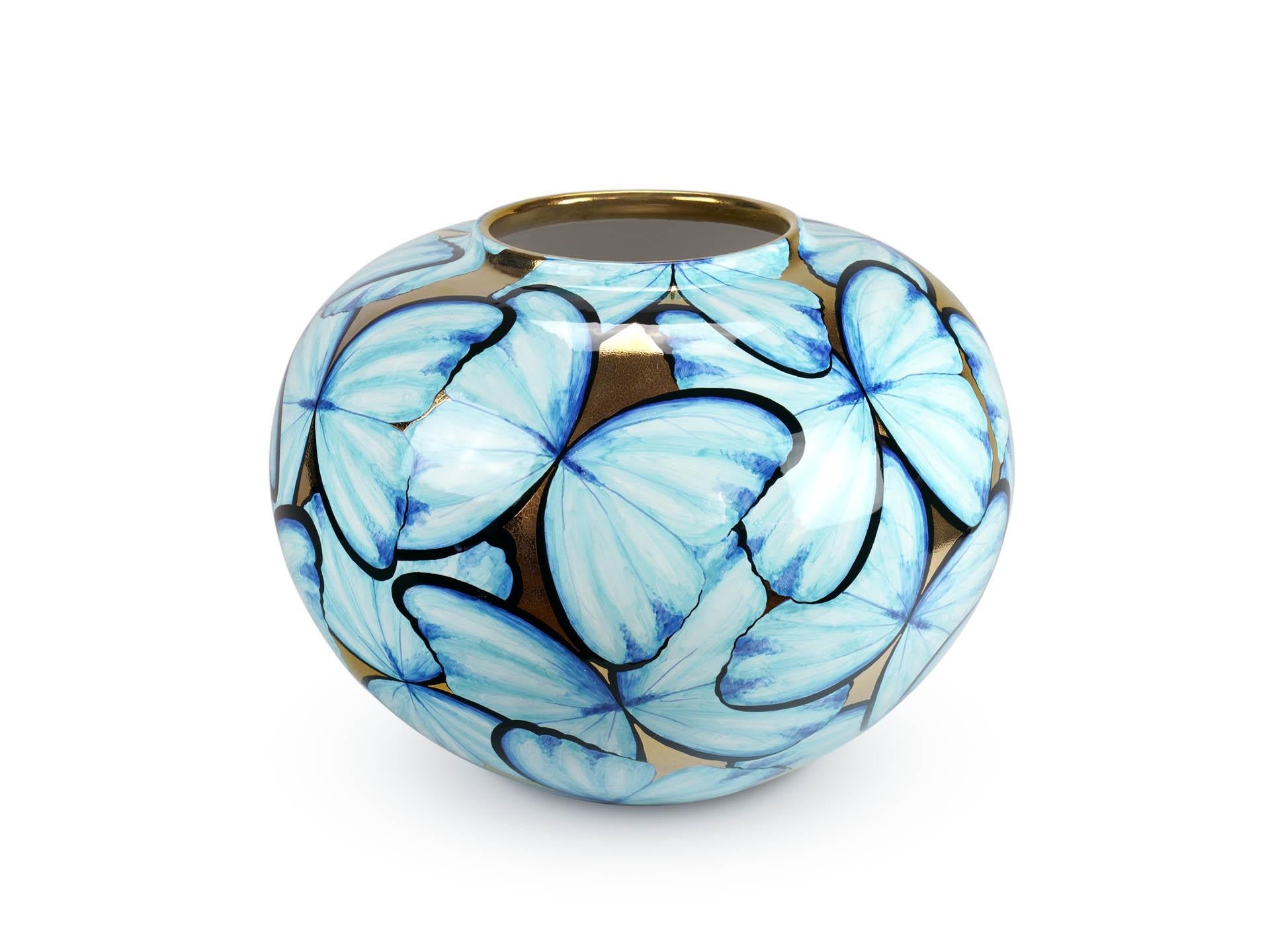 Italian Hand-Painted Ceramic Vase Blue Butterflies on 24kt Gold Accented Surface For Sale 9