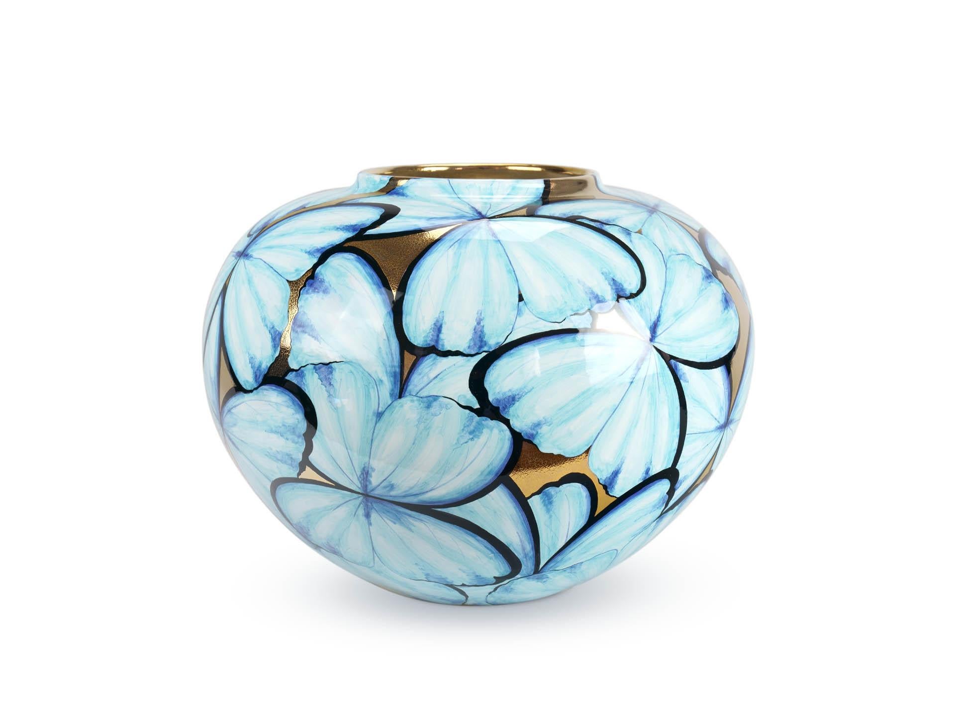 Modern Italian Hand-Painted Ceramic Vase Blue Butterflies on 24kt Gold Accented Surface For Sale