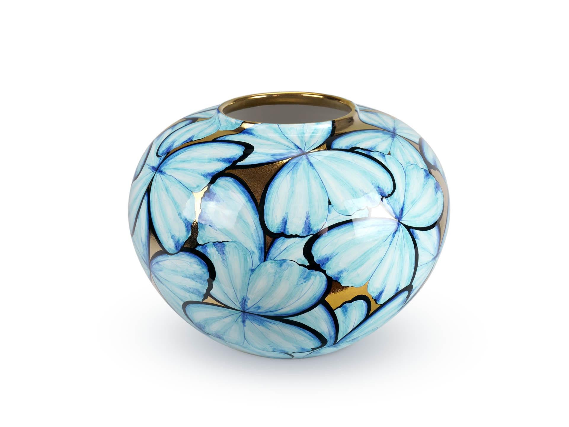 Hand-Crafted Italian Hand-Painted Ceramic Vase Blue Butterflies on 24kt Gold Accented Surface For Sale