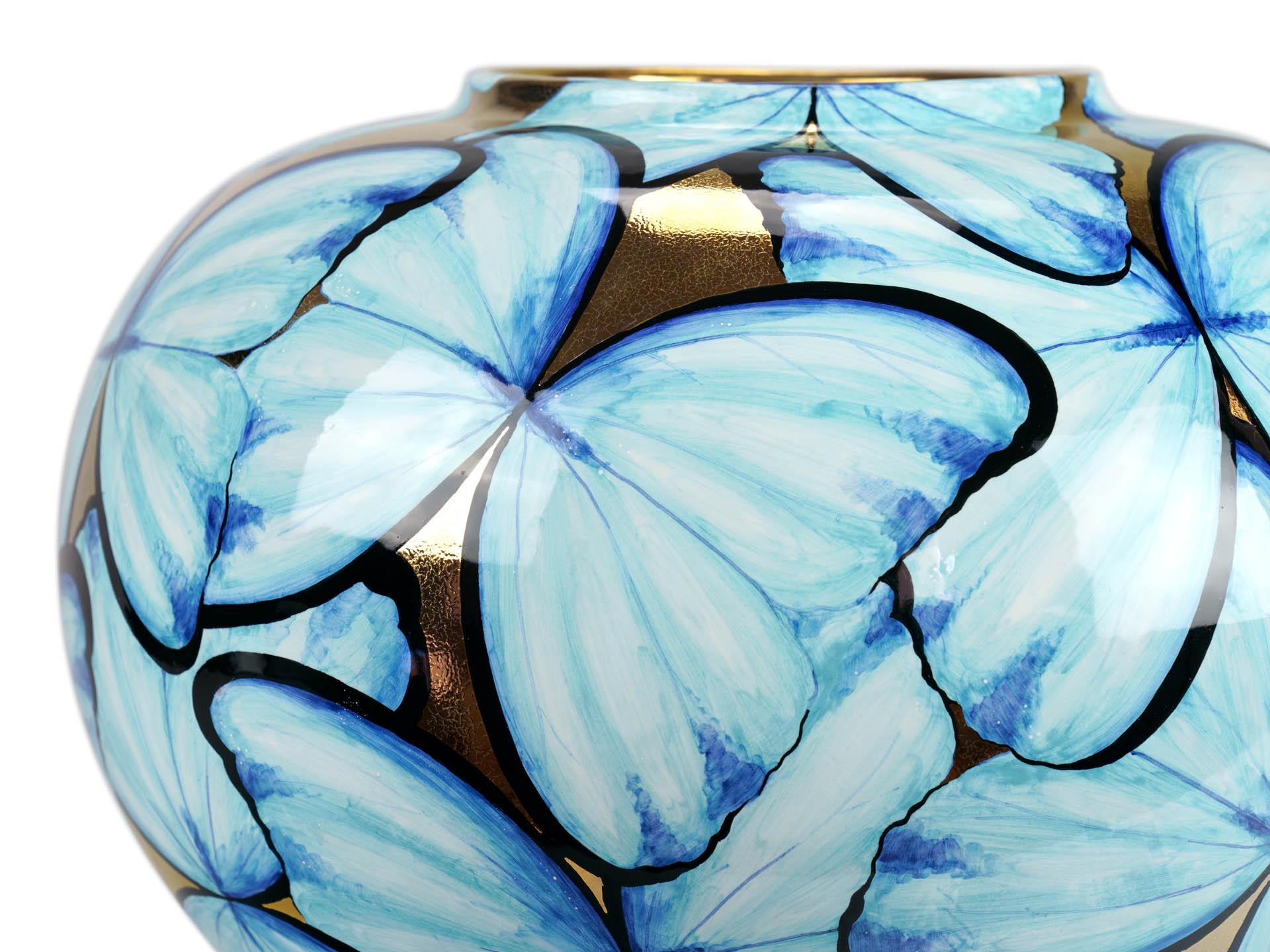 Contemporary Italian Hand-Painted Ceramic Vase Blue Butterflies on 24kt Gold Accented Surface For Sale