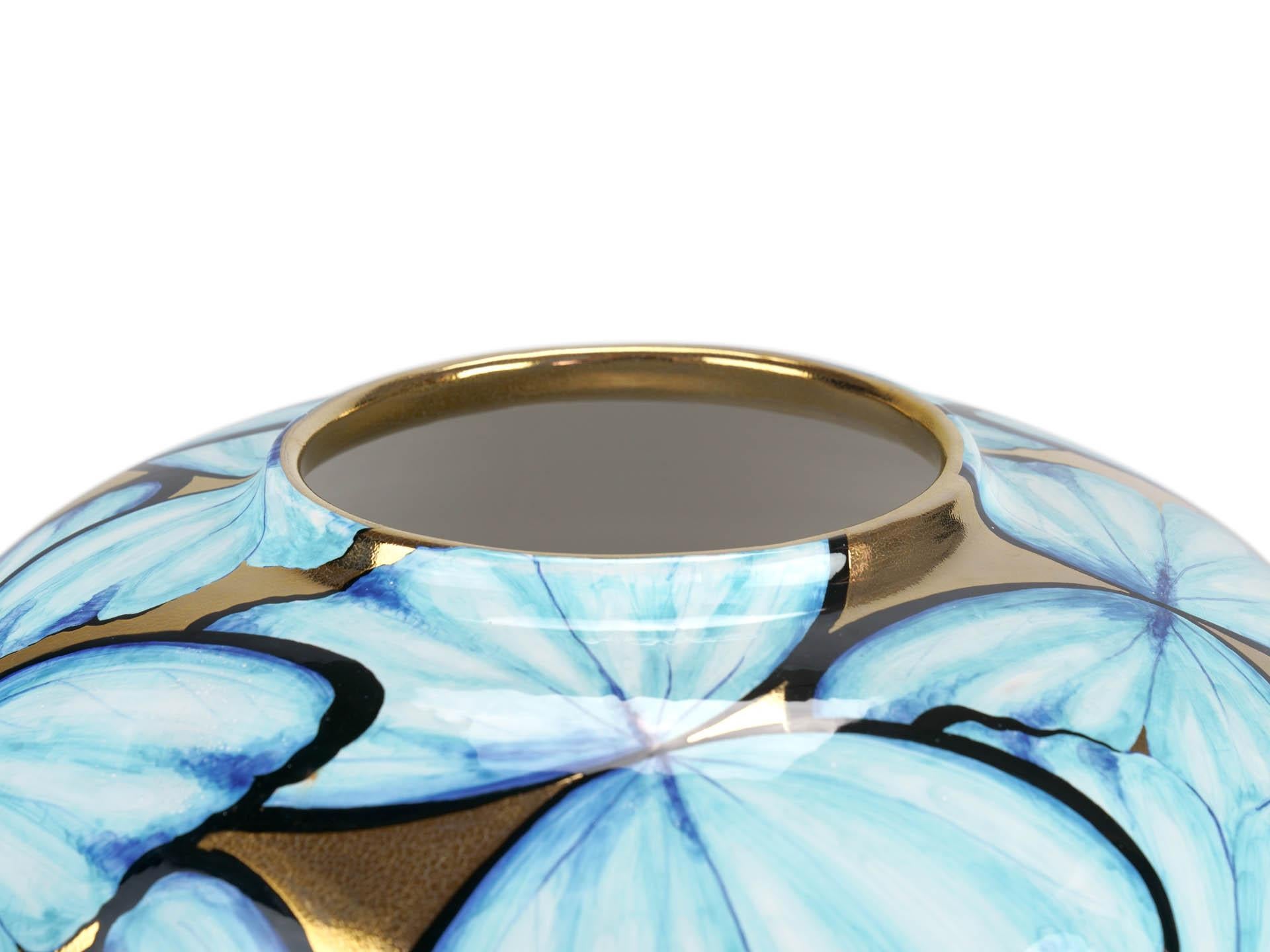 Italian Hand-Painted Ceramic Vase Blue Butterflies on 24kt Gold Accented Surface For Sale 2