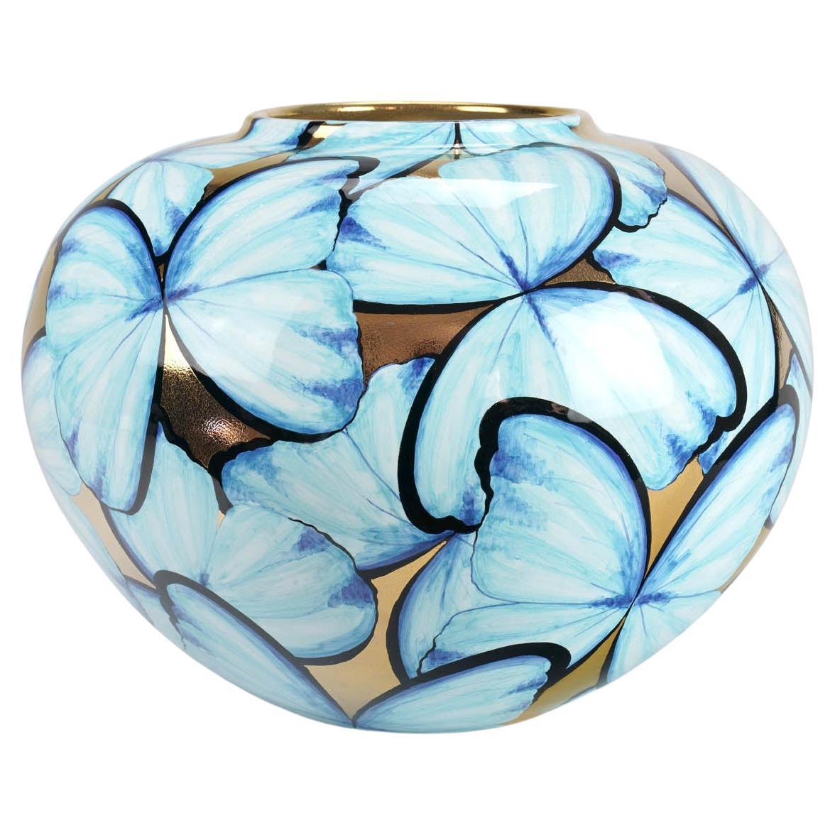 Italian Hand-Painted Ceramic Vase Blue Butterflies on 24kt Gold Accented Surface For Sale