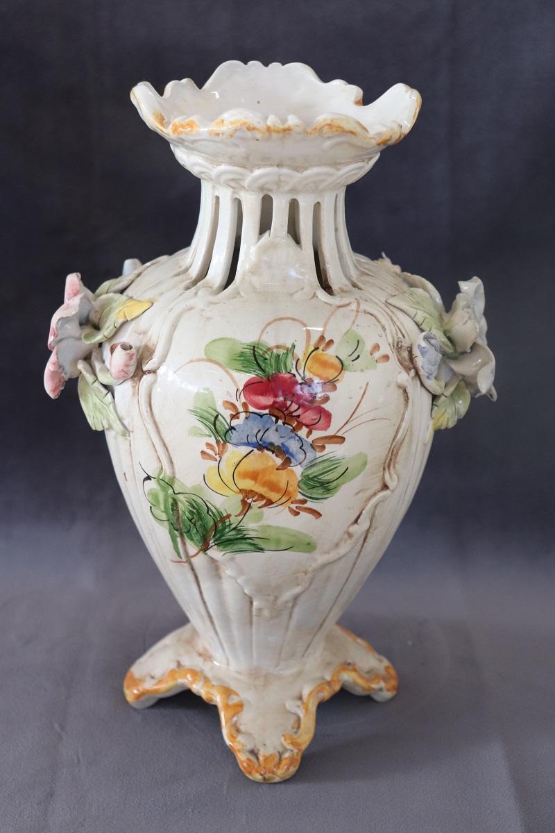 Hand-Painted Italian Hand Painted Ceramic Vase by Bassano For Sale