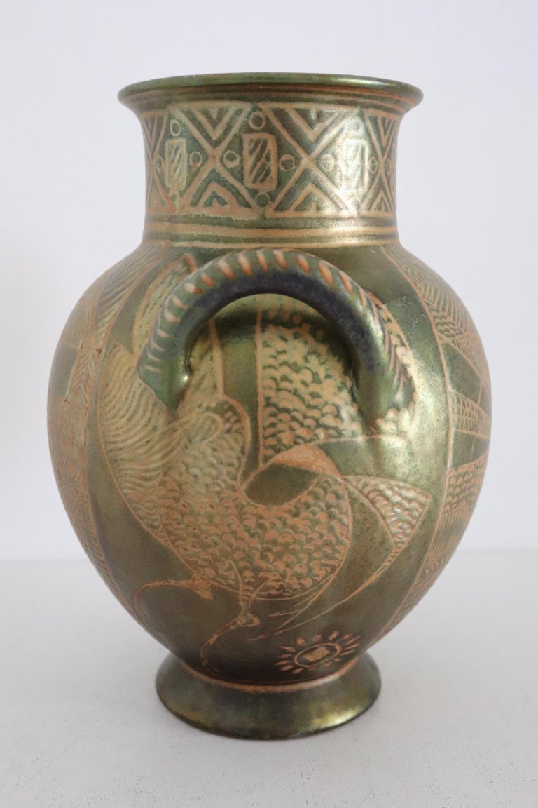 Mid-Century Modern Italian Hand Painted Ceramic Vase in Lustro Glaze by Riccardo Gatti Faenza 1950s For Sale