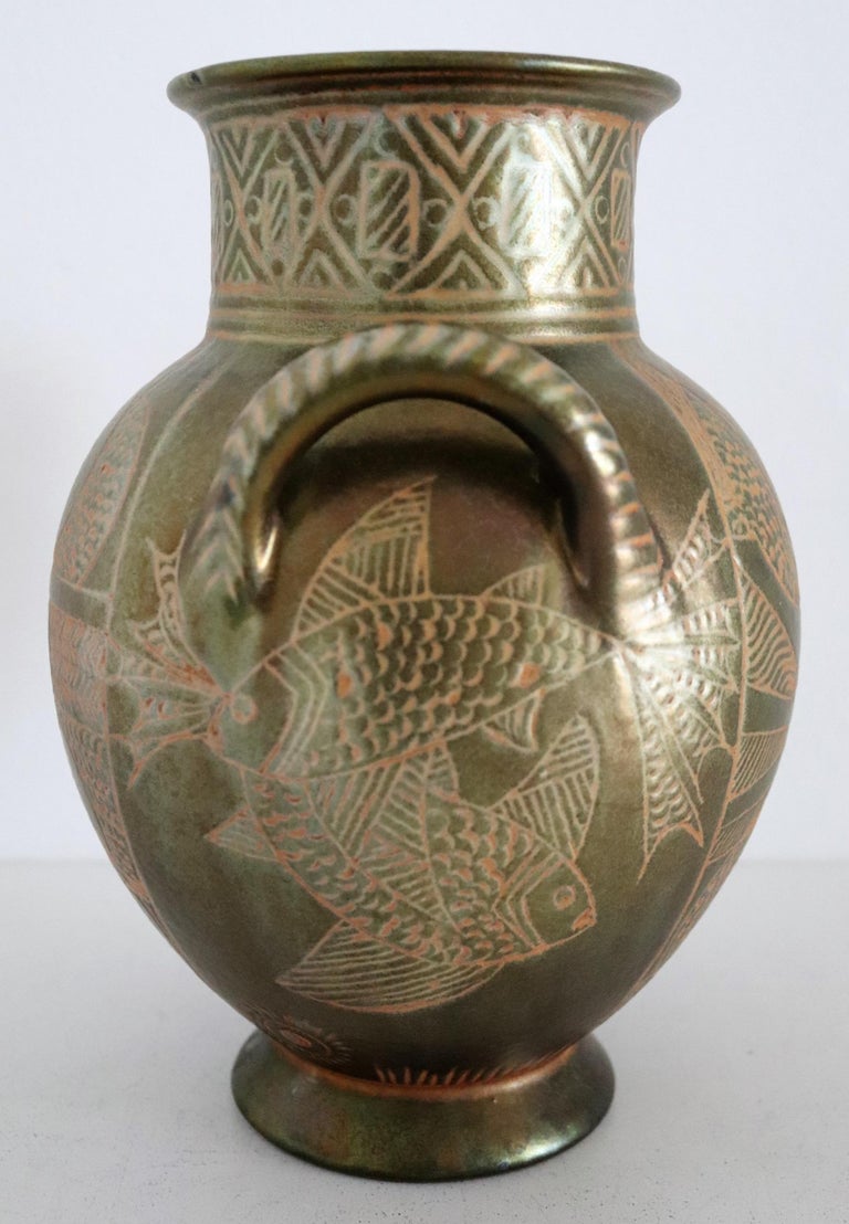 Glazed Italian Hand Painted Ceramic Vase in Lustro Glaze by Riccardo Gatti Faenza 1950s For Sale