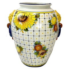 Italian Hand-Painted Ceramic Vase with Lion Reliefs  Vintage Decorative Artistr