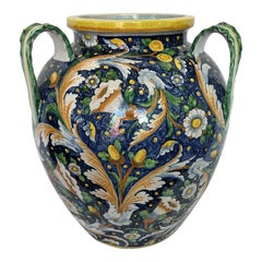 Italian Hand-Painted Ceramic Vase with Three Handles, Signed by Artist