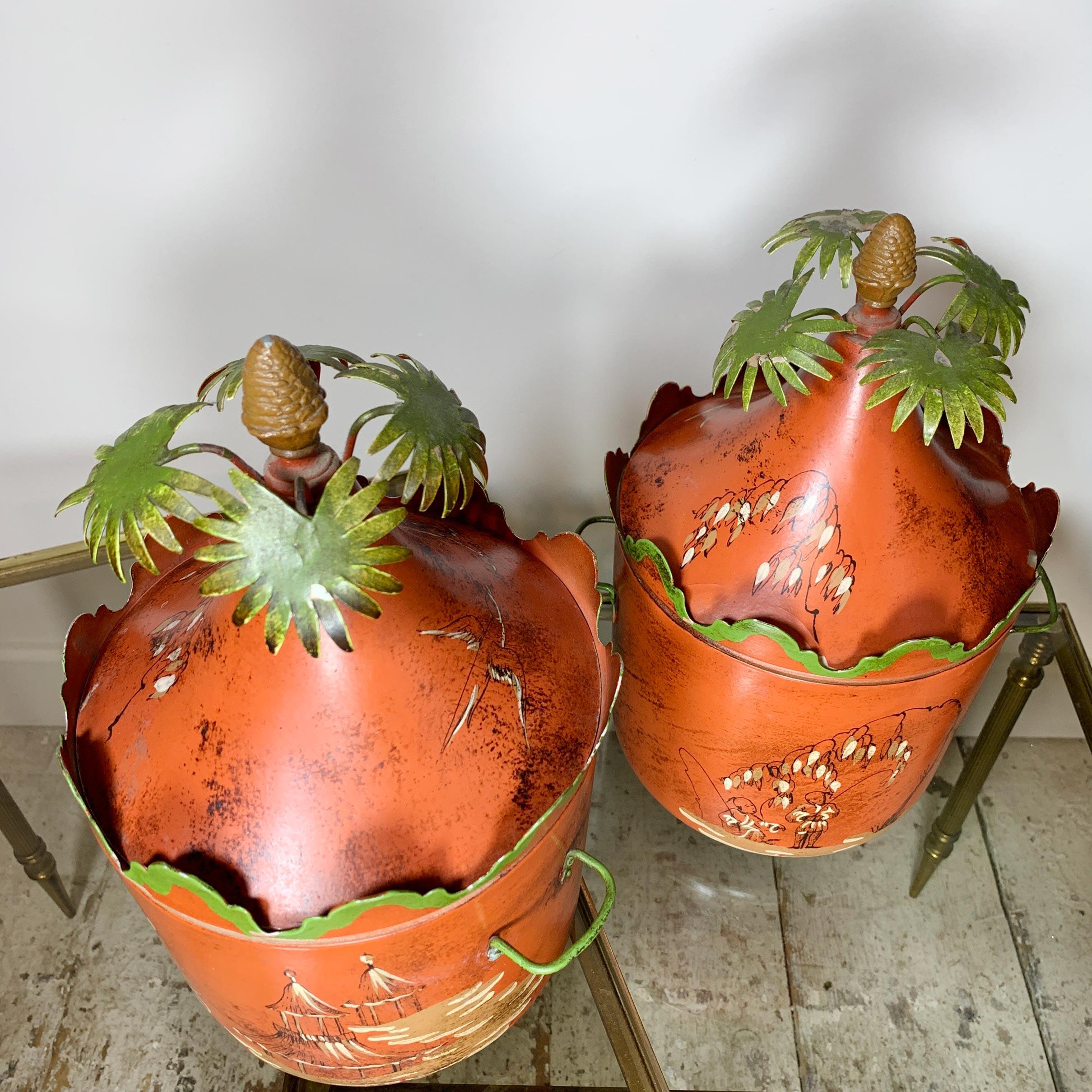 Italian Hand Painted Red Chinoiserie Ice Buckets 1950’s For Sale 5