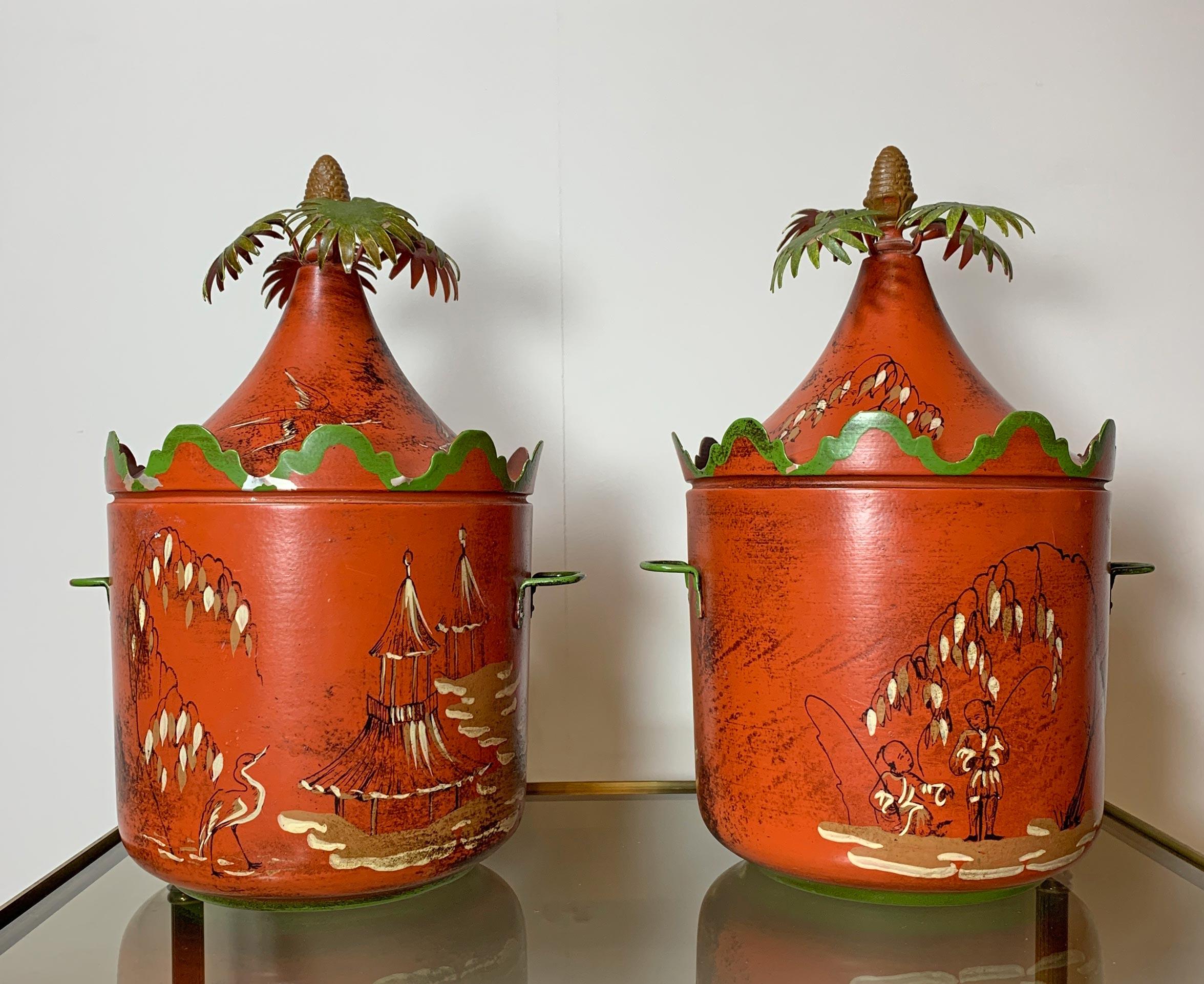 Italian Hand Painted Red Chinoiserie Ice Buckets 1950’s For Sale 7