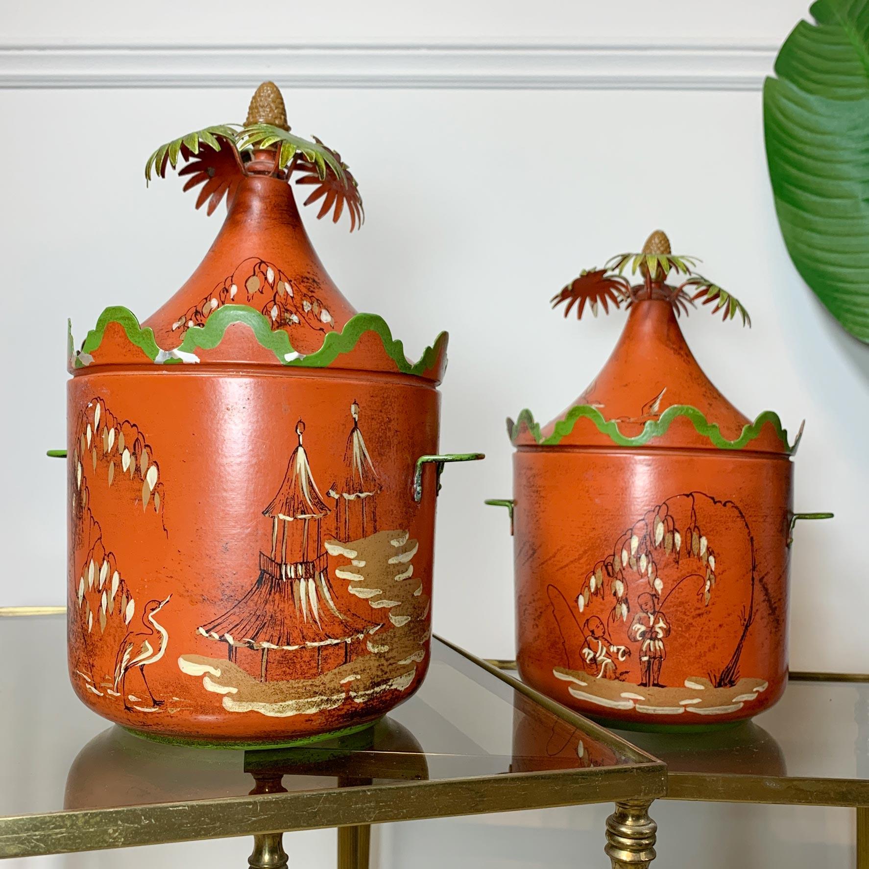 Italian Hand Painted Red Chinoiserie Ice Buckets 1950’s For Sale 8
