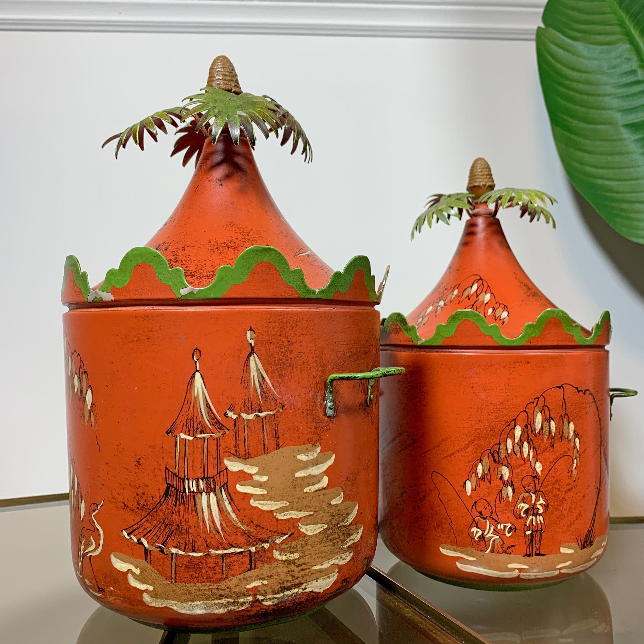Metal Italian Hand Painted Red Chinoiserie Ice Buckets 1950’s For Sale