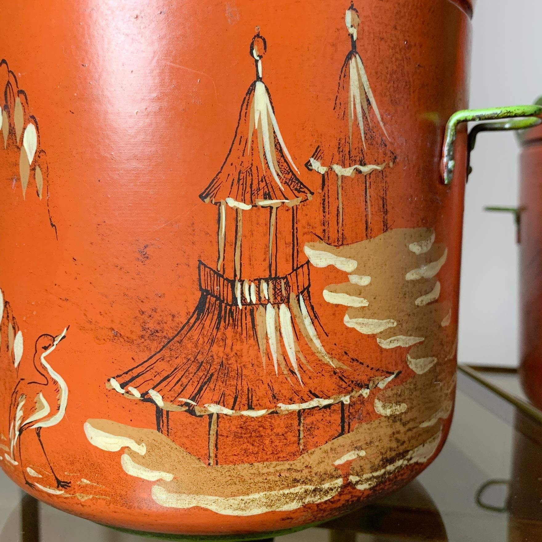 Italian Hand Painted Red Chinoiserie Ice Buckets 1950’s For Sale 1