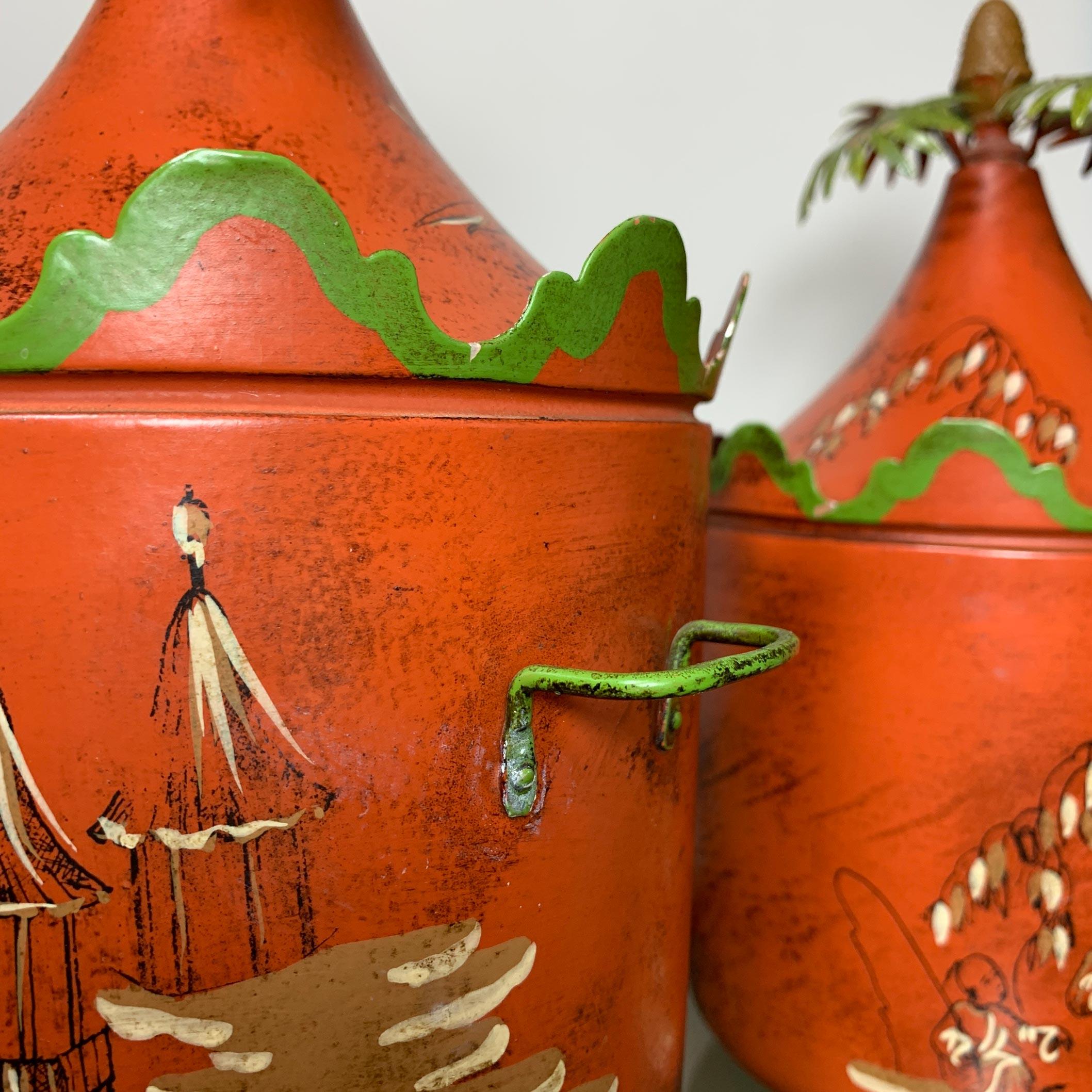 Italian Hand Painted Red Chinoiserie Ice Buckets 1950’s For Sale 3
