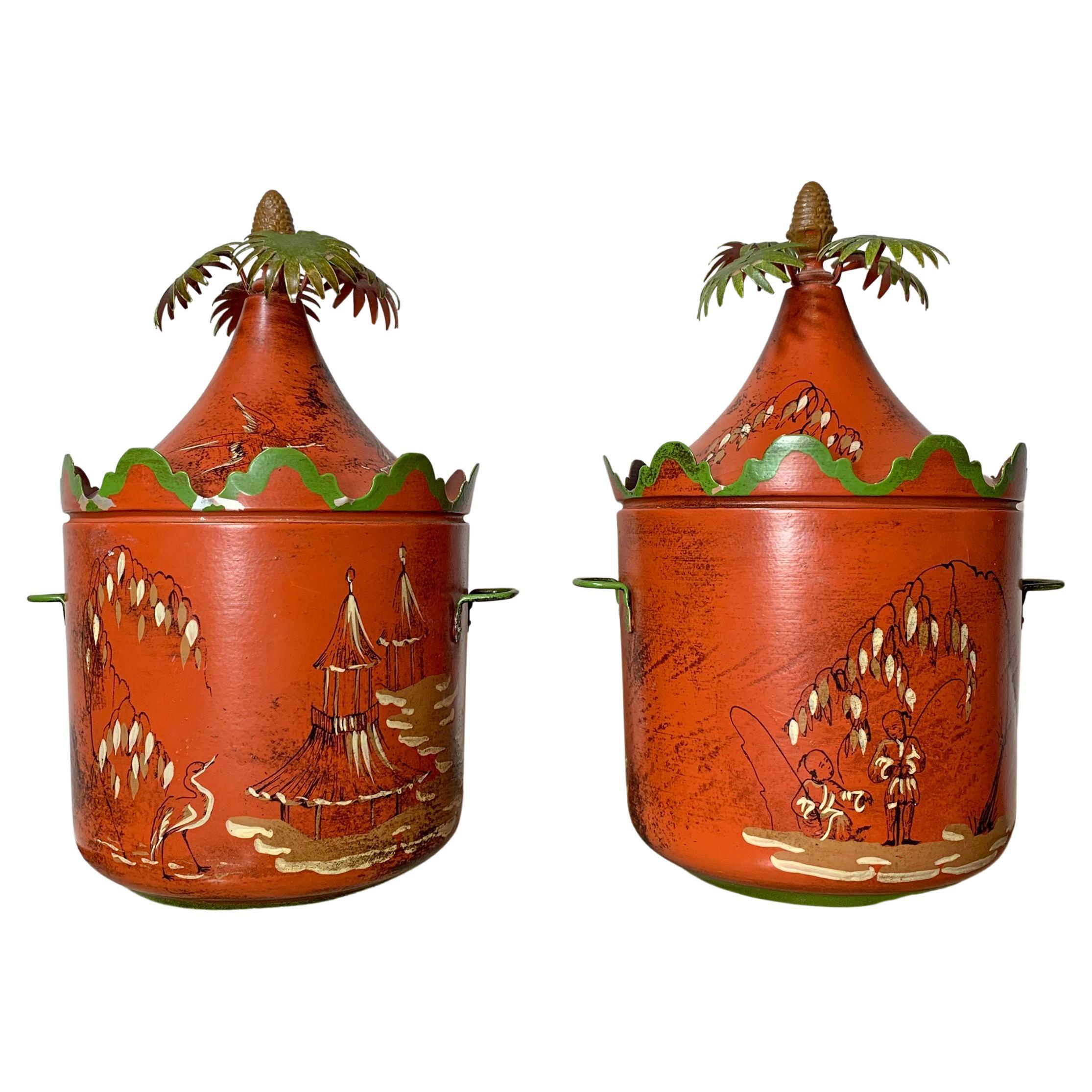 Italian Hand Painted Red Chinoiserie Ice Buckets 1950’s For Sale