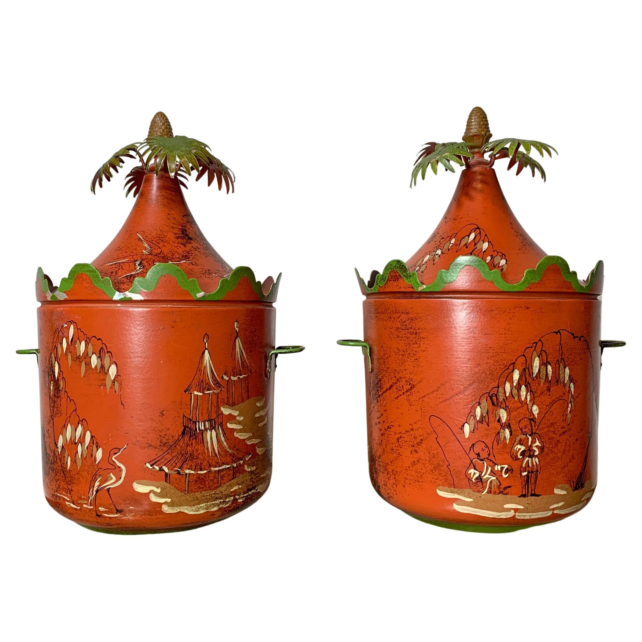 Italian Hand Painted Red Chinoiserie Ice Buckets 1950’s