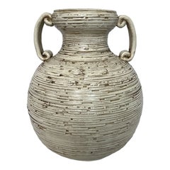 Italian Hand-Painted Cream Ceramic Vase with Two Handles, Classical Art Piece