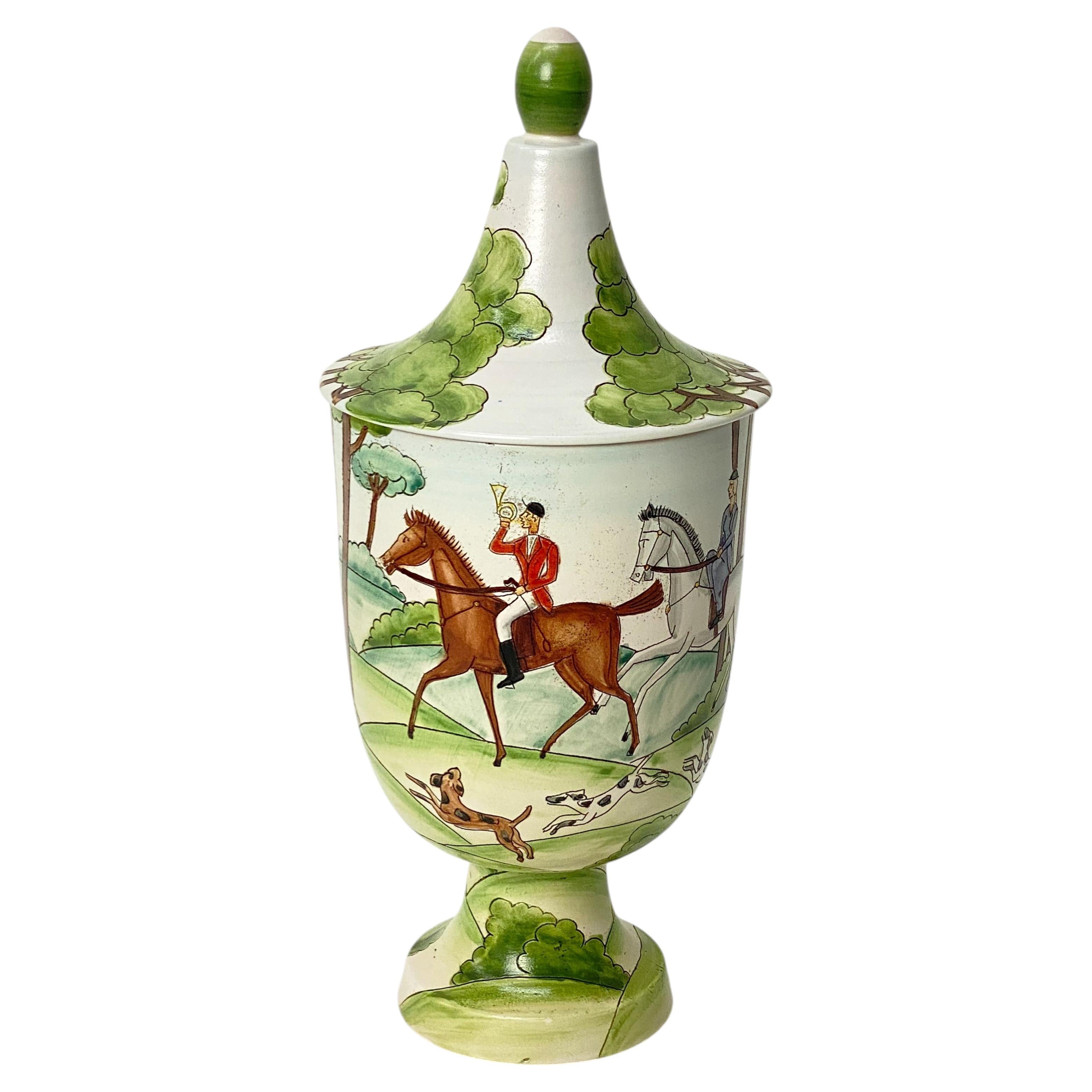 Italian Hand-Painted Deruta Majolica Covered Urn or Jar with Hunt Scenes, 1950s For Sale