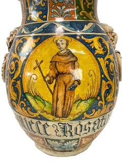 Italian Hand-Painted Faience Saints Vase, Vintage Religious Ceramic Art Decor