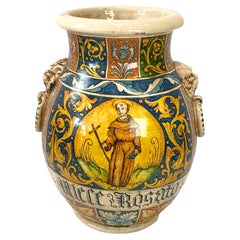 Italian Hand-Painted Faience Saints Vase, Vintage Religious Ceramic Art Decor