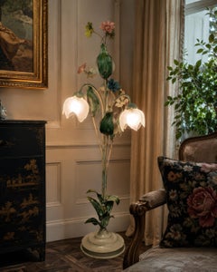 Italian Hand-Painted Floral Floor Lamp with Frosted Glass Shades, 1970s