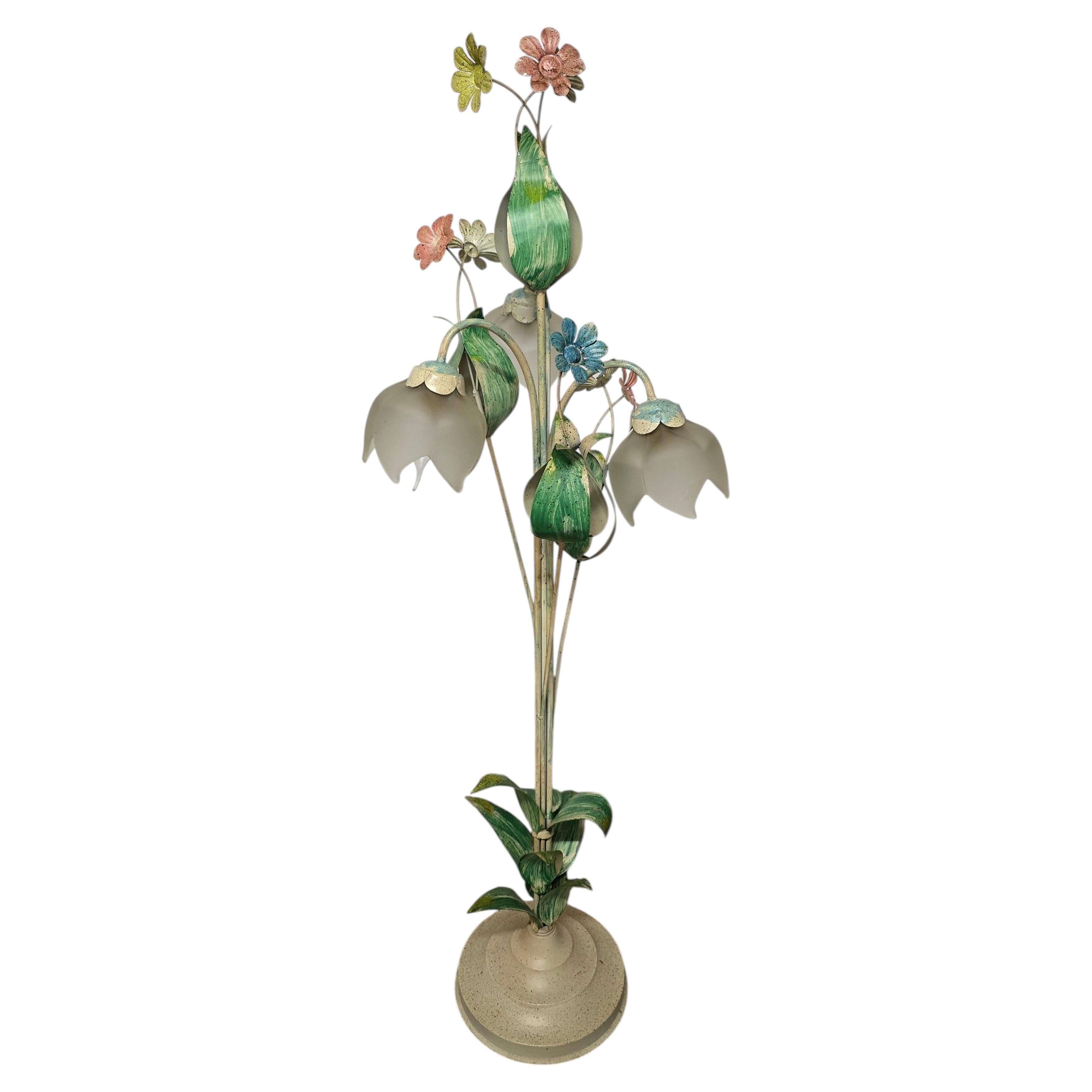 Lampadaire italien à motifs floraux peint à la main, avec abat-jours en verre dépoli, années 1970