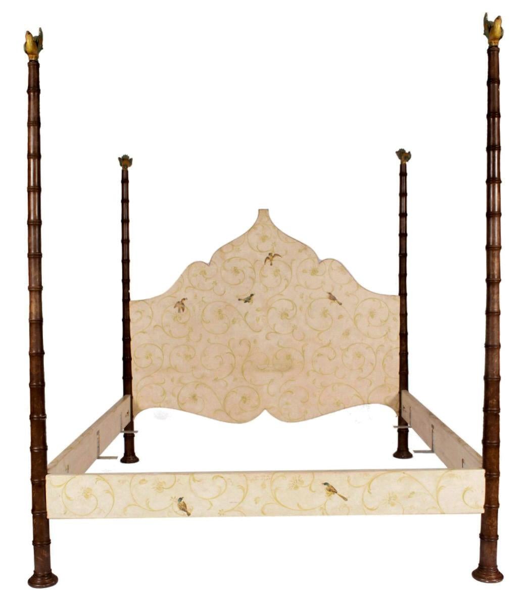 20th Century Italian Hand Painted Four Poster Faux Bamboo Bed by Patina with Birds, King 