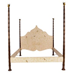 Retro Italian Hand Painted Four Poster Faux Bamboo Bed by Patina with Birds, King 