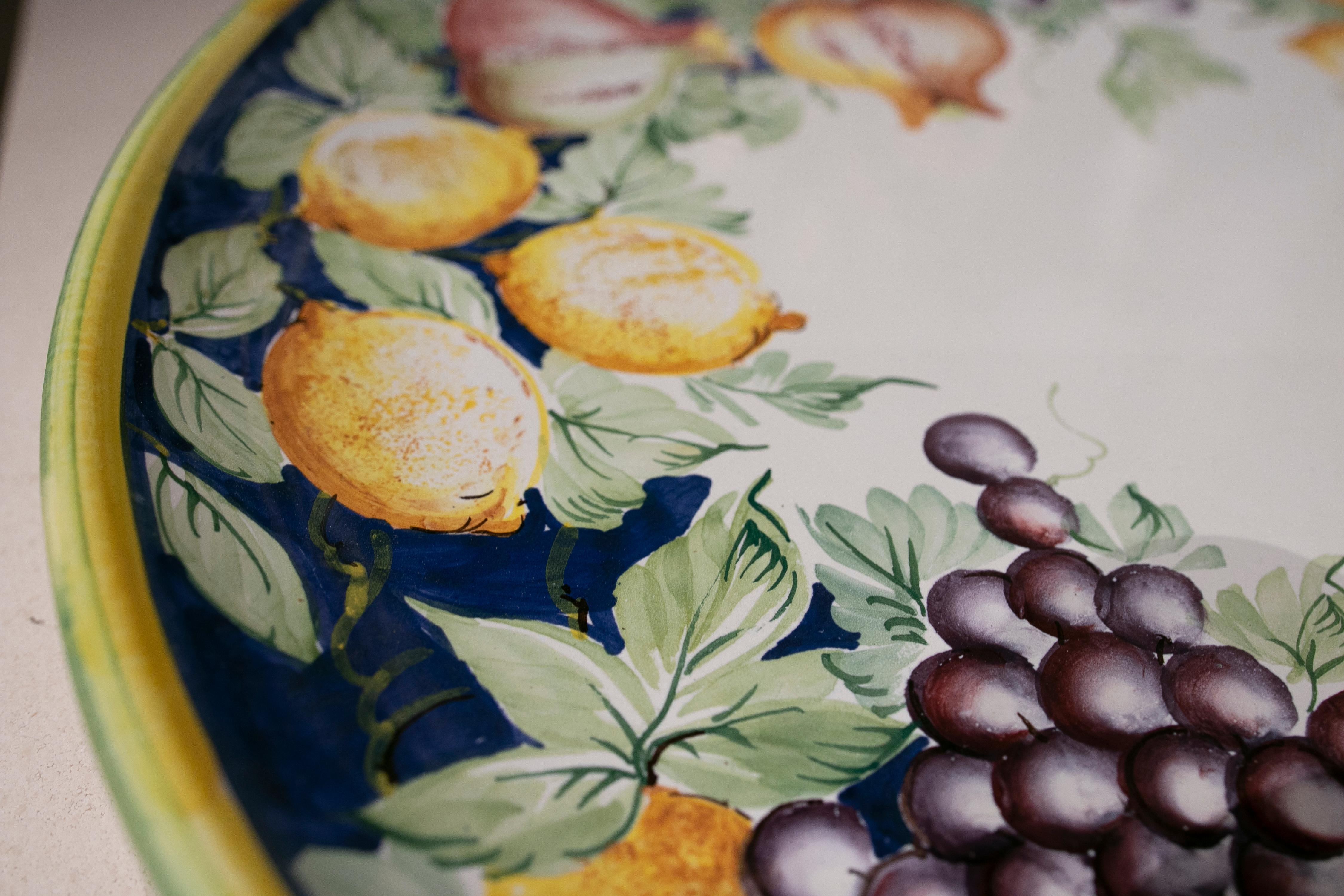 Italian Hand Painted Glazed Ceramic Dish with Fruits and Leaves 7
